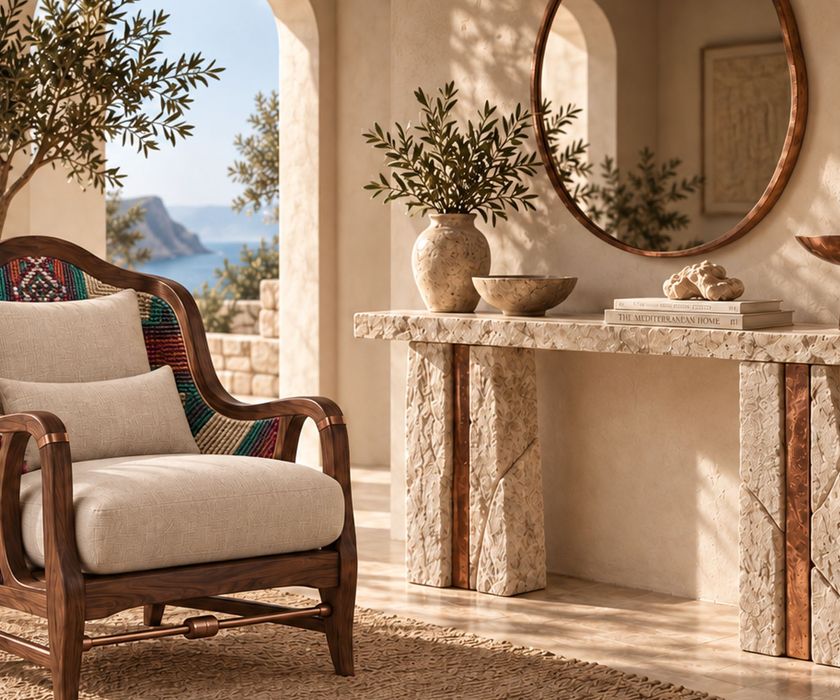 Cyprus Collection: armchair and stone–copper console