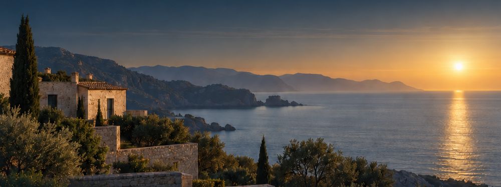 Stone houses and cypress trees above the sea at sunset