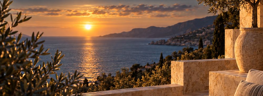 Olive tree and stone terrace above the sea at sunset