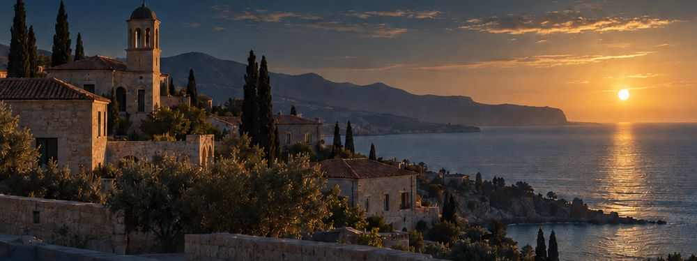 Hillside village and the setting sun